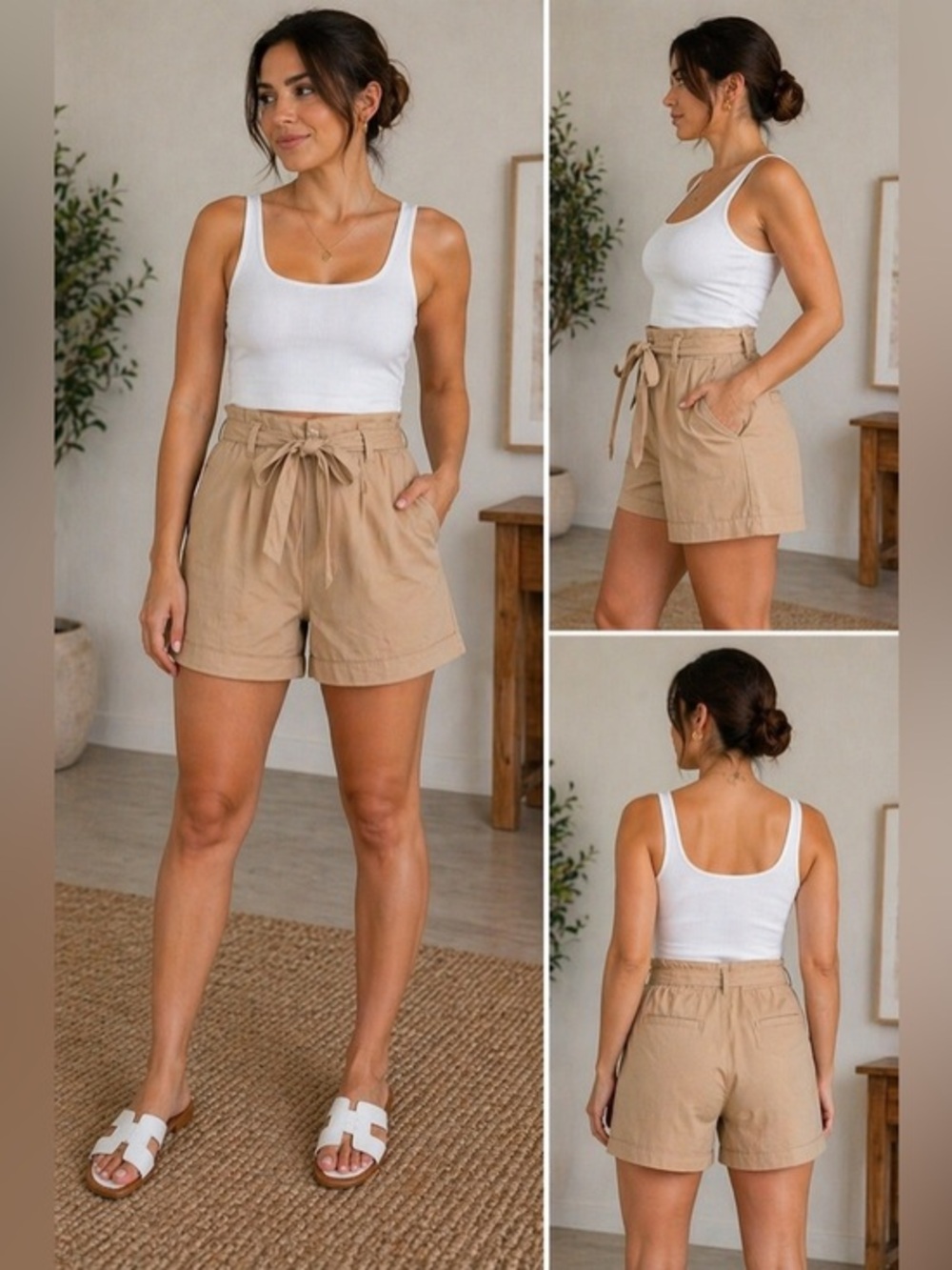 C&C California Tan Paperbag Waist Shorts High Rise Belted Size 10